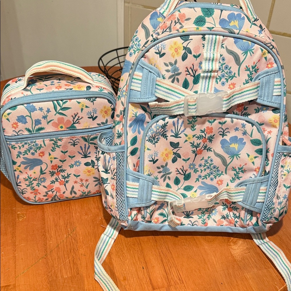 Pottery Barn Kids Floral Backpack and Lunch Bag Set with Blue Trim